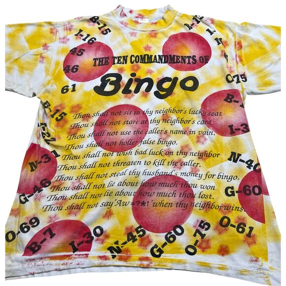 Vintage 80s AOP The Ten Commandments of BINGO Tie Dye‎ Bright Comedy T-Shirt - L - Picture 2 of 7